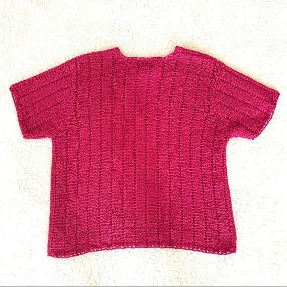 Sigrid Olsen Fuchsia V-neck Button Front Short Sleeve Sweater Top Size Small - Picture 3 of 11